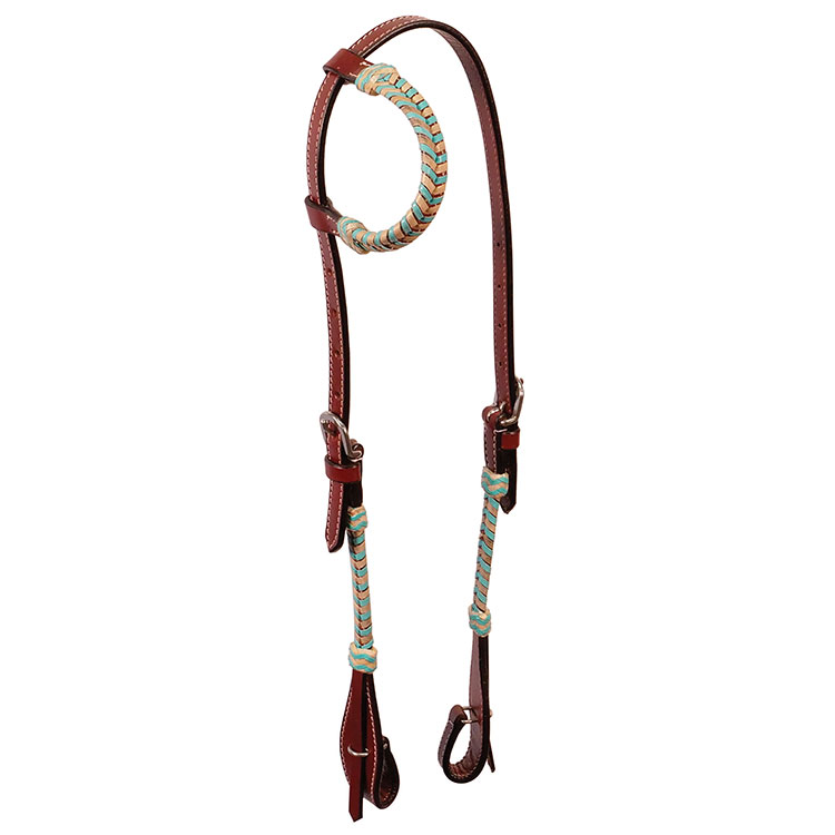 2909 CHT: Headstall 1 Ear w/Natural + Turquoise Laced Rawhide